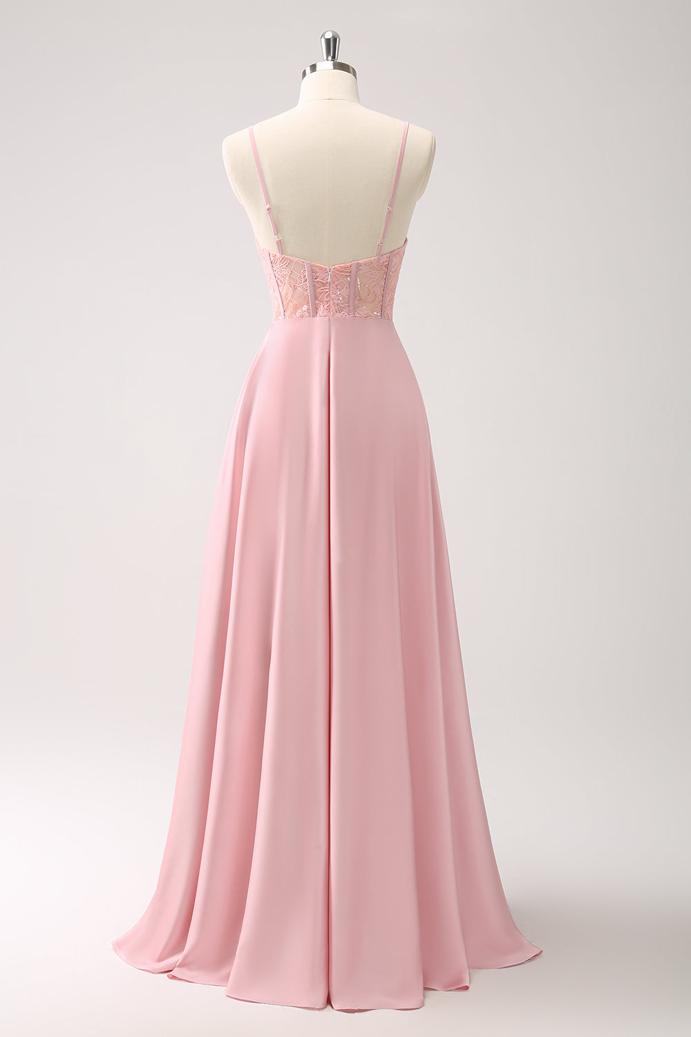 Pink A-Line Spaghetti Straps Corset Satin Long Bridesmaid Dress with Slit