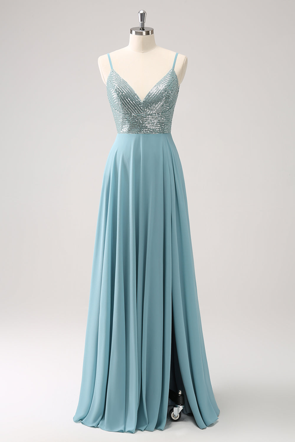 Sparkly Grey Green A Line Spaghetti Straps Chiffon Long Bridesmaid Dress with Slit