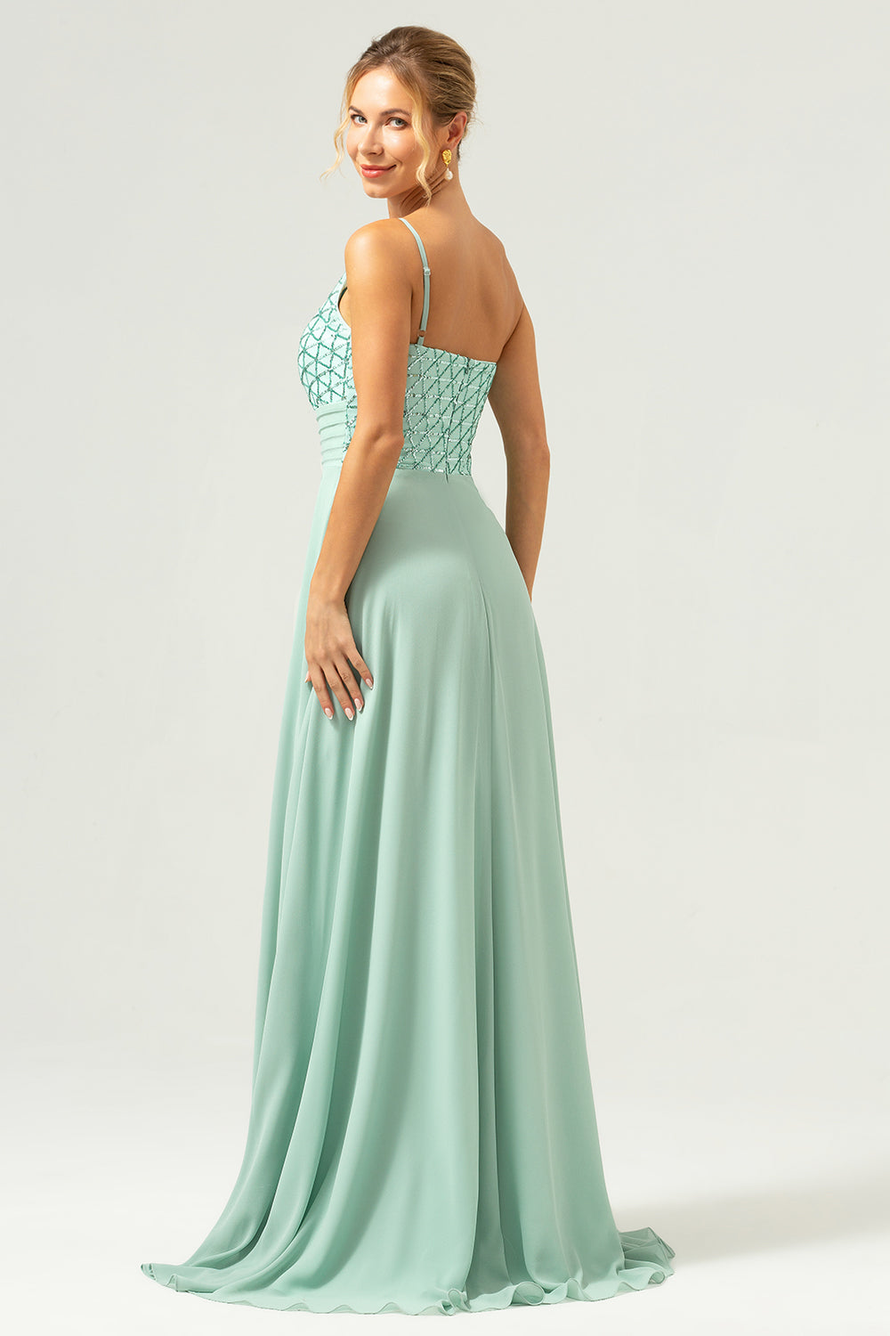 Sparkly Green A Line One Shoulder Satin Long Bridesmaid Dress