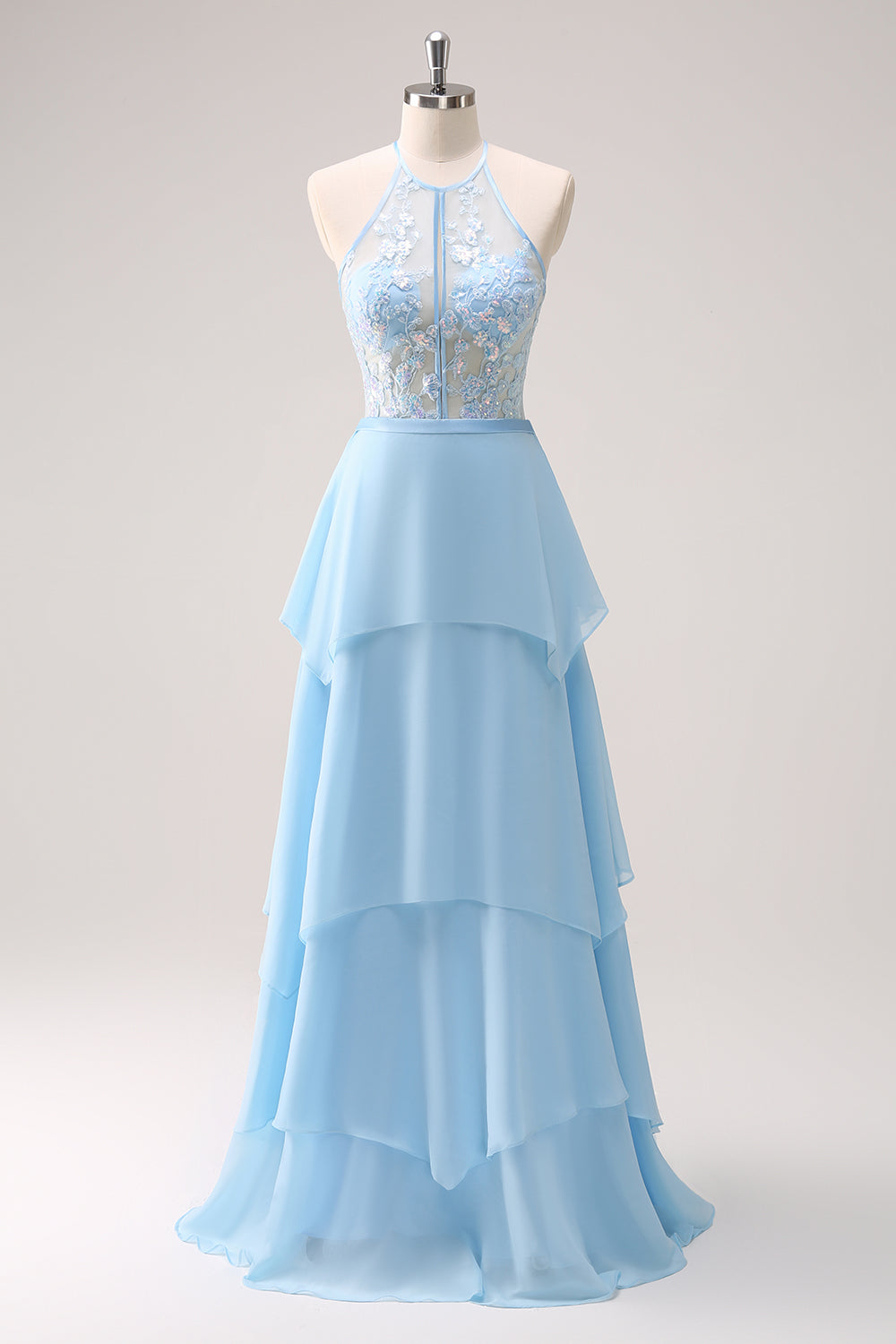 Sparkly Sky Blue A Line Halter Tiered Long Bridesmaid Dress with Lace Up Back