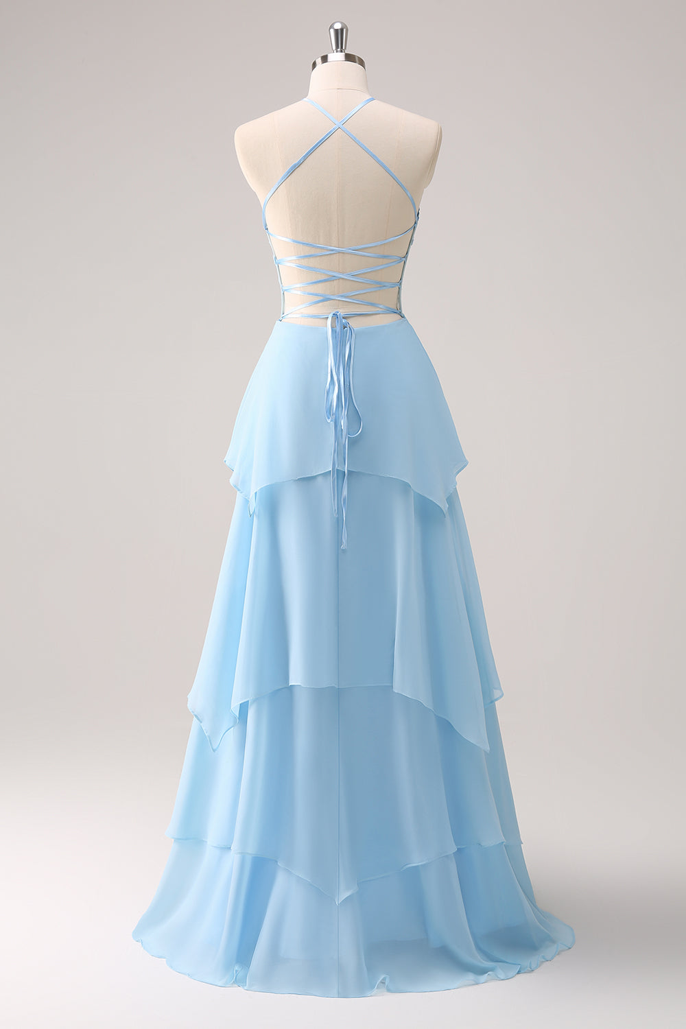 Sparkly Sky Blue A Line Halter Tiered Long Bridesmaid Dress with Lace Up Back