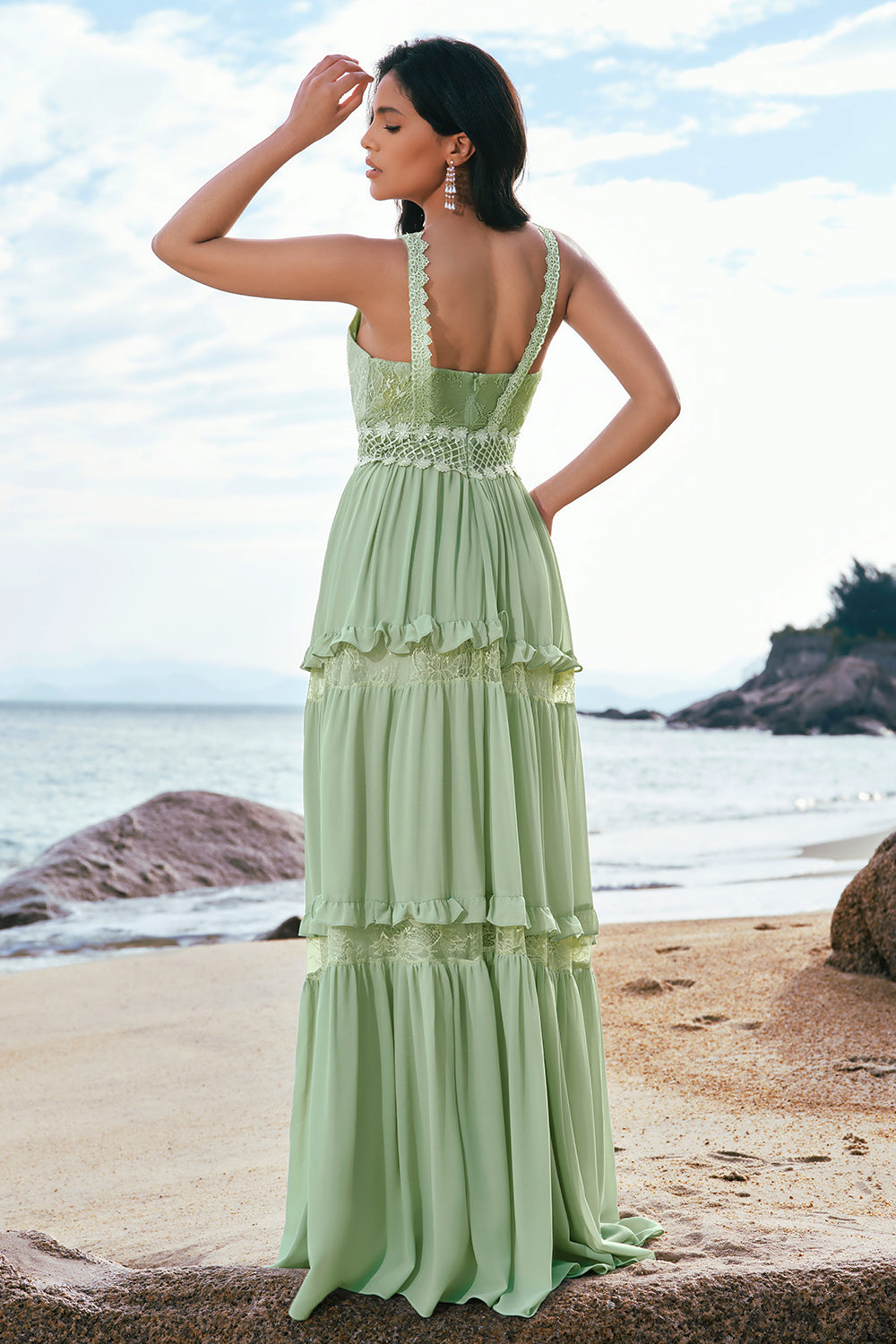 Green A Line Spaghetti Straps Ruffled Floral Bridesmaid Dress with Lace