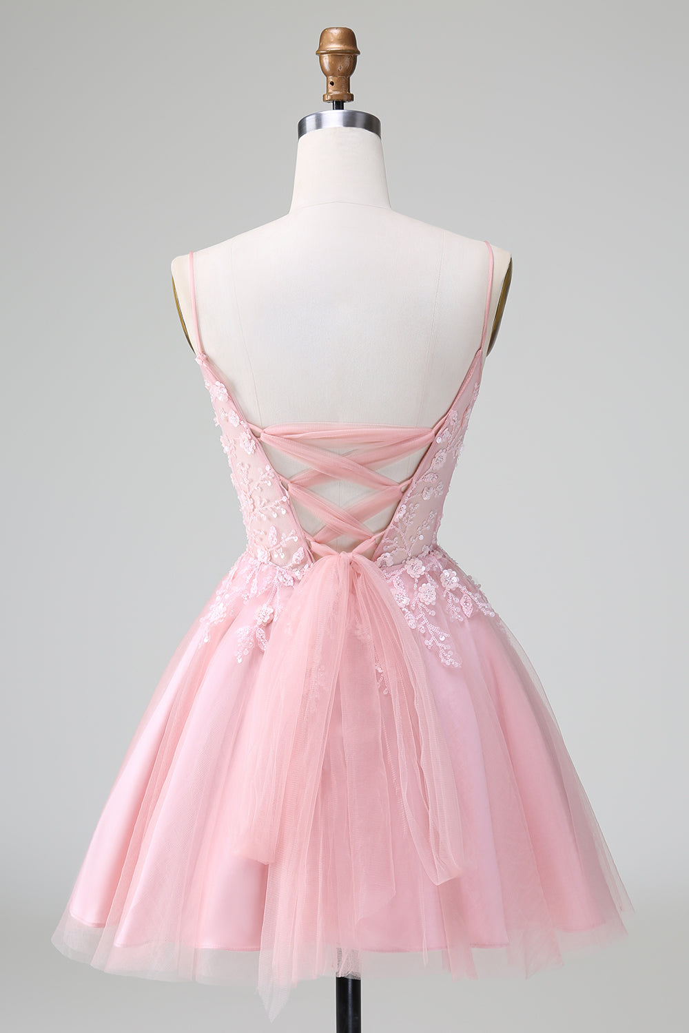 Cute Blush A Line Spaghetti Straps Corset Short Homecoming Dress with Appliques