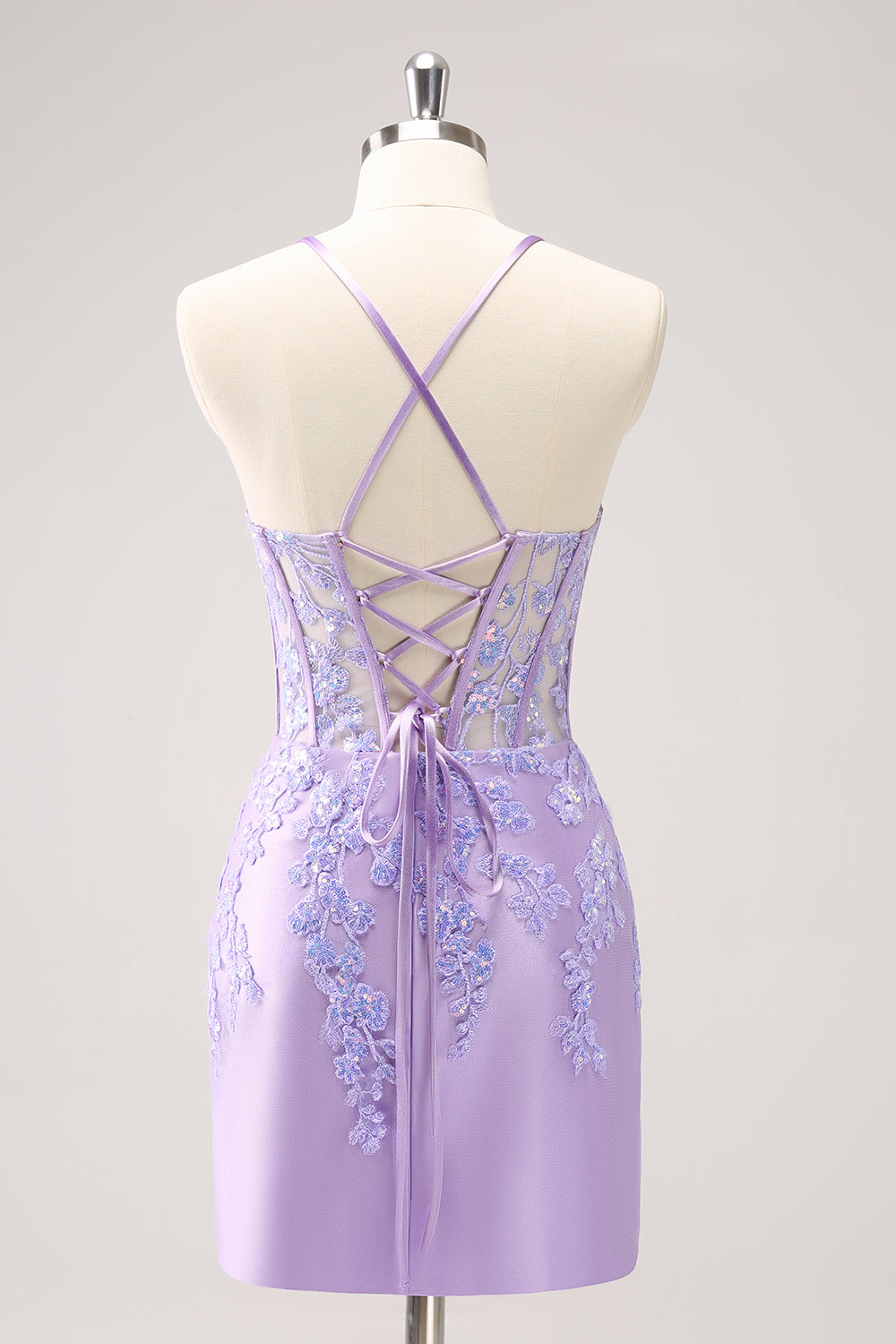 Sparkly Lilac Bodycon Spaghetti Straps Sequin Corset Homecoming Dress with Appliques