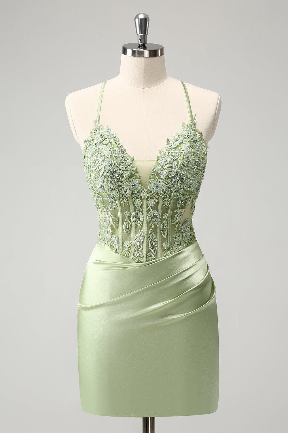 Stylish Green Sheath Criss Cross Back Corset Short Homecoming Dress with Appliques