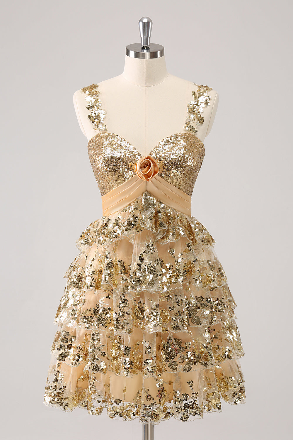 Sparkly Golden A Line Corset Tiered Short Homecoming Dress with Flower