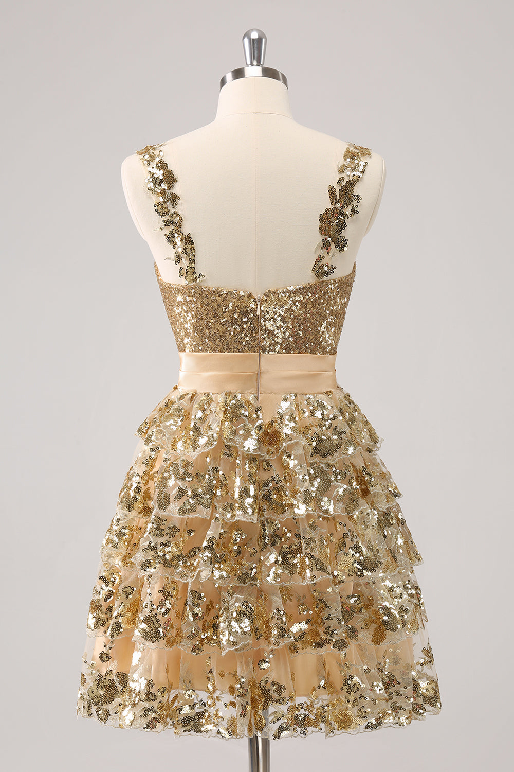 Sparkly Golden A Line Corset Tiered Short Homecoming Dress with Flower