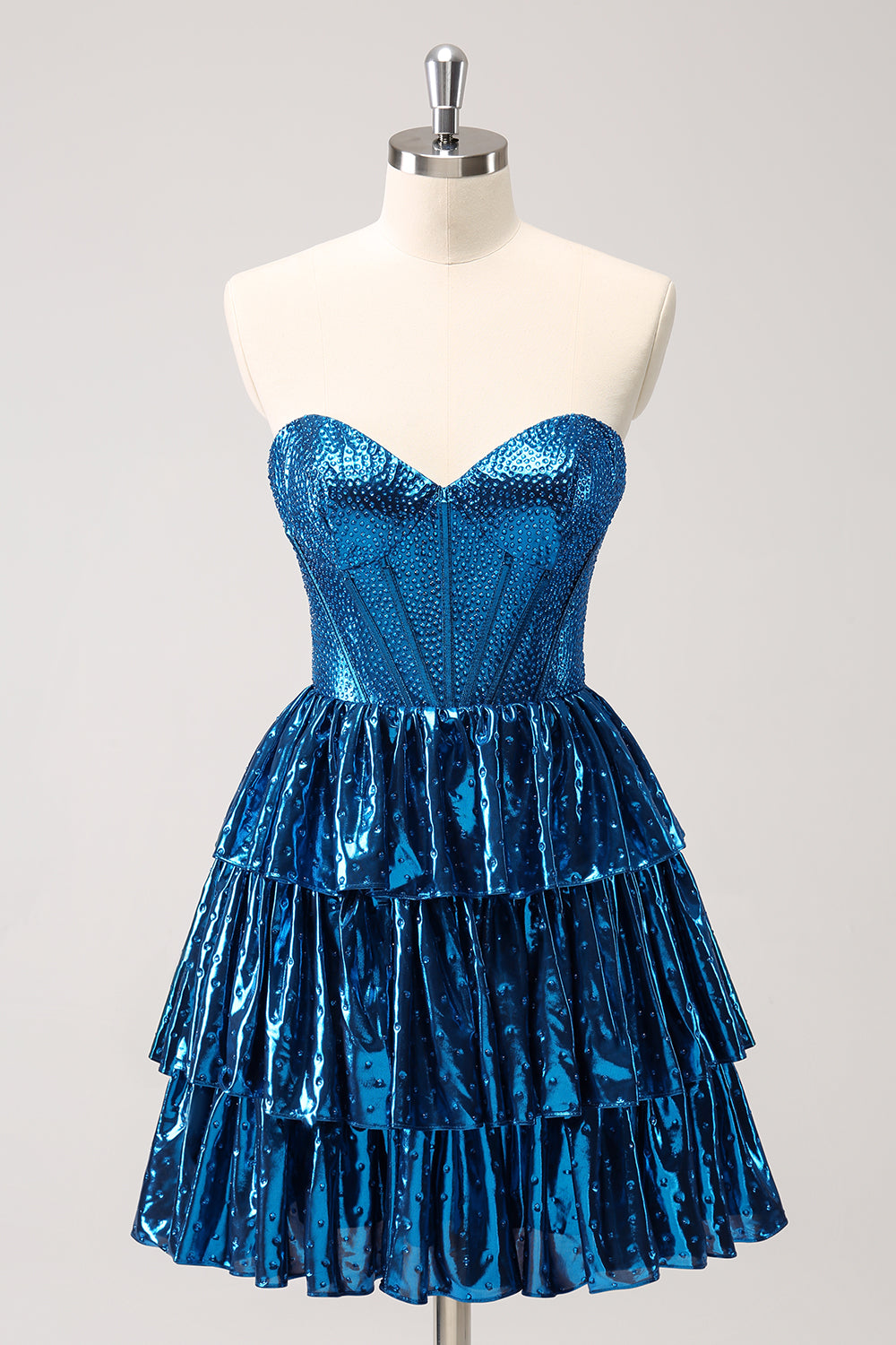 Sparkly Peacock Blue A Line Sweetheart Corset Tiered Metallic Homecoming Dress with Lace Up Back