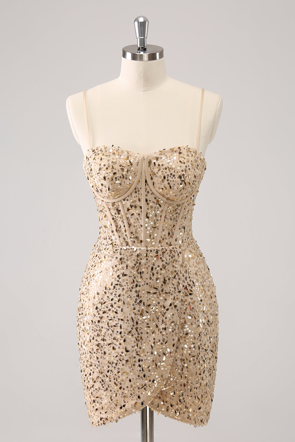 Stylish Golden Bodycon Spaghetti Straps Sequin Short Homecoming Dress