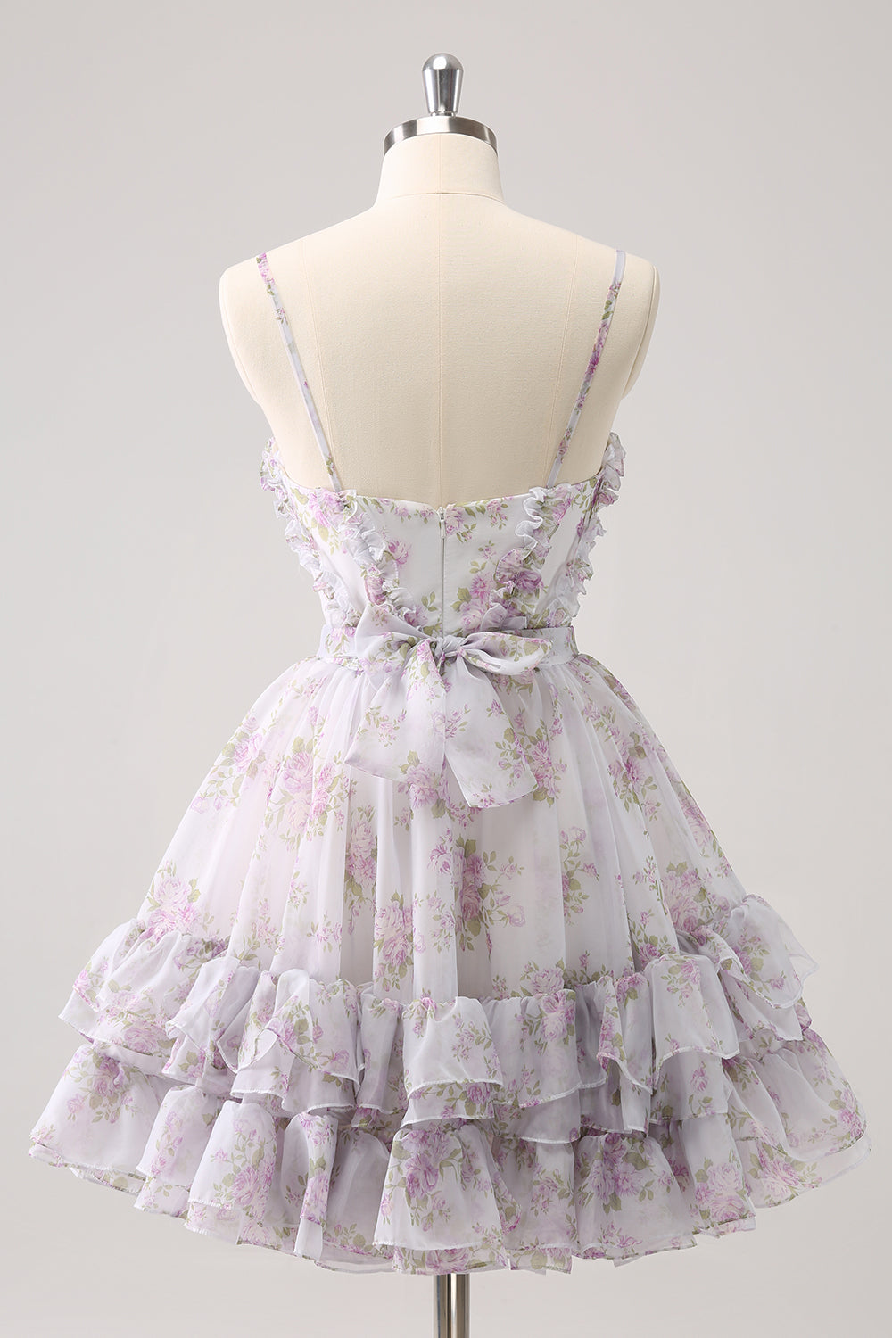 Cute Lilac A Line Cut Out Tiered Print Floral Homecoming Dress with Ruffles