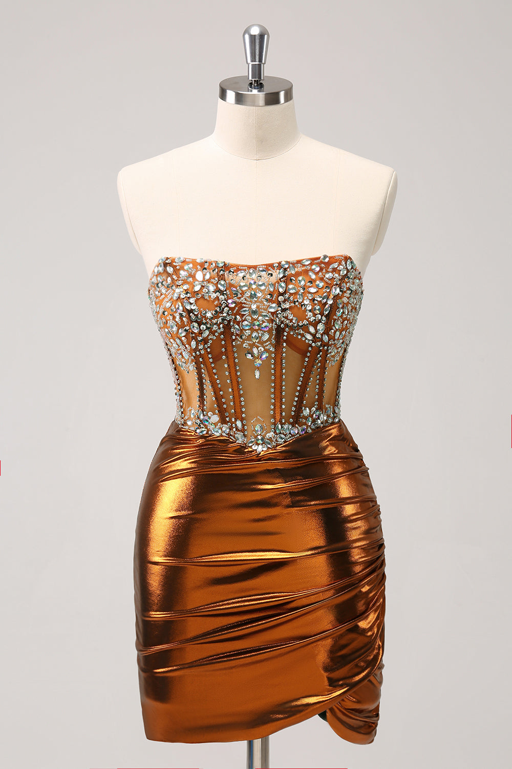 Glitter Copper Tight Strapless Corset Short Metallic Homecoming Dress with Beading