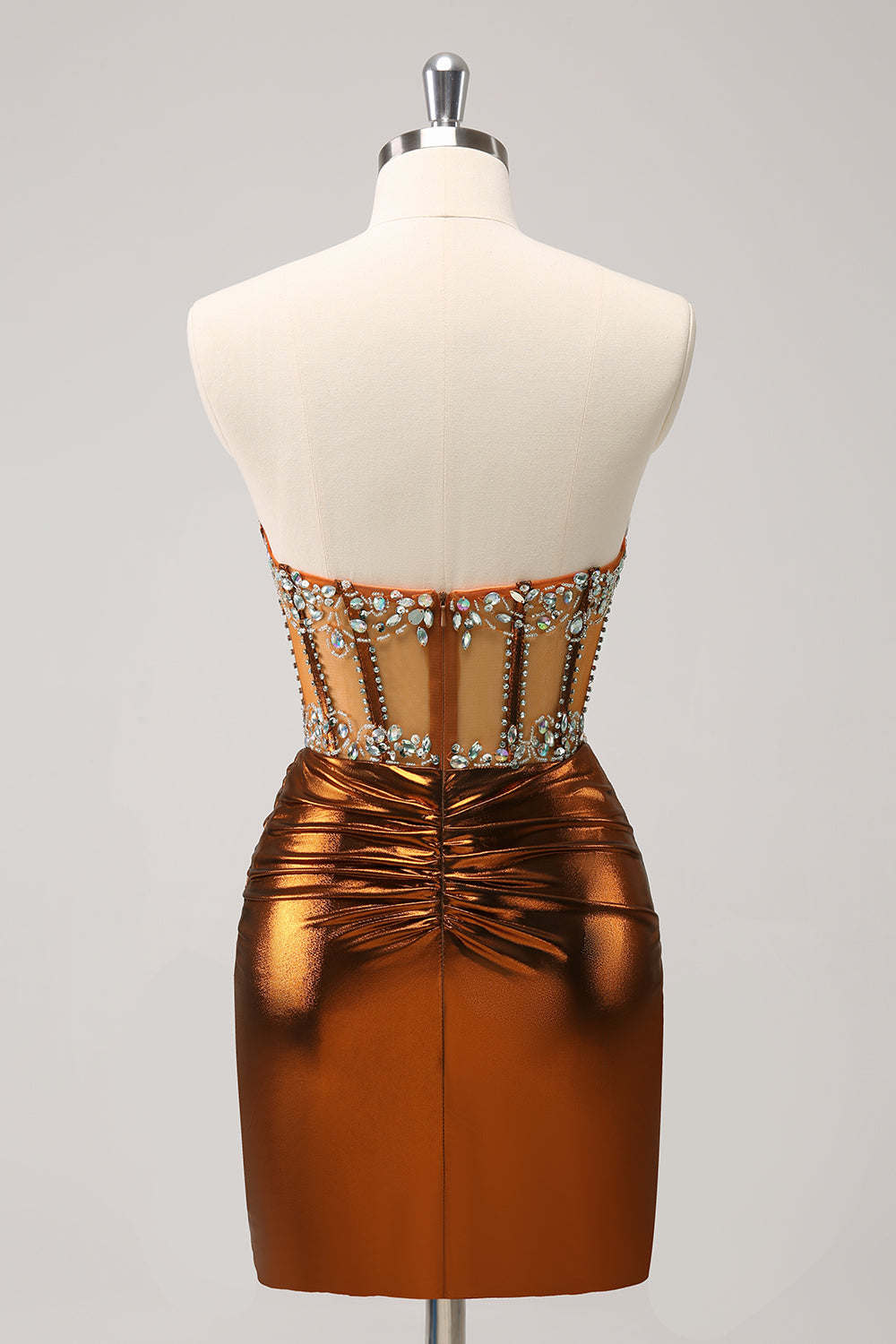 Glitter Copper Tight Strapless Corset Short Metallic Homecoming Dress with Beading