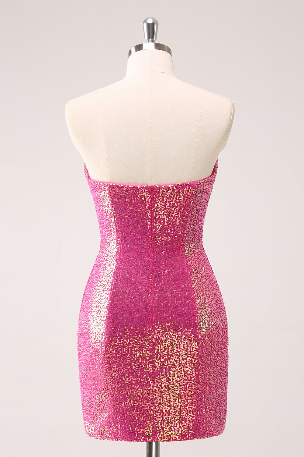 Sparkly Fuchsia Bodycon Strapless Hollow Out Sequins Short Homecoming Dress with Slit