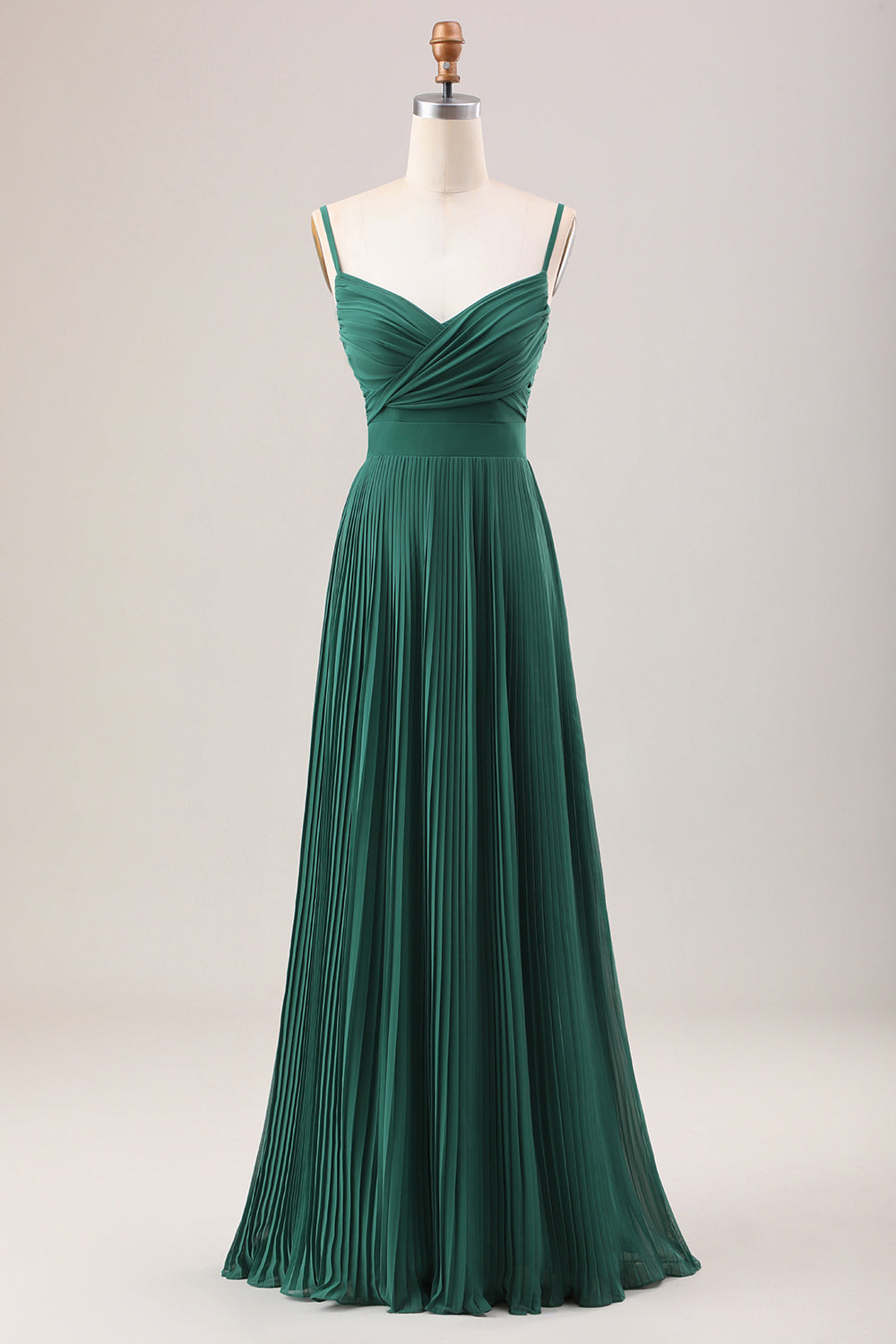 Dark Green A-Line Spaghetti Straps Pleated Chiffon Long Bridesmaid Dress