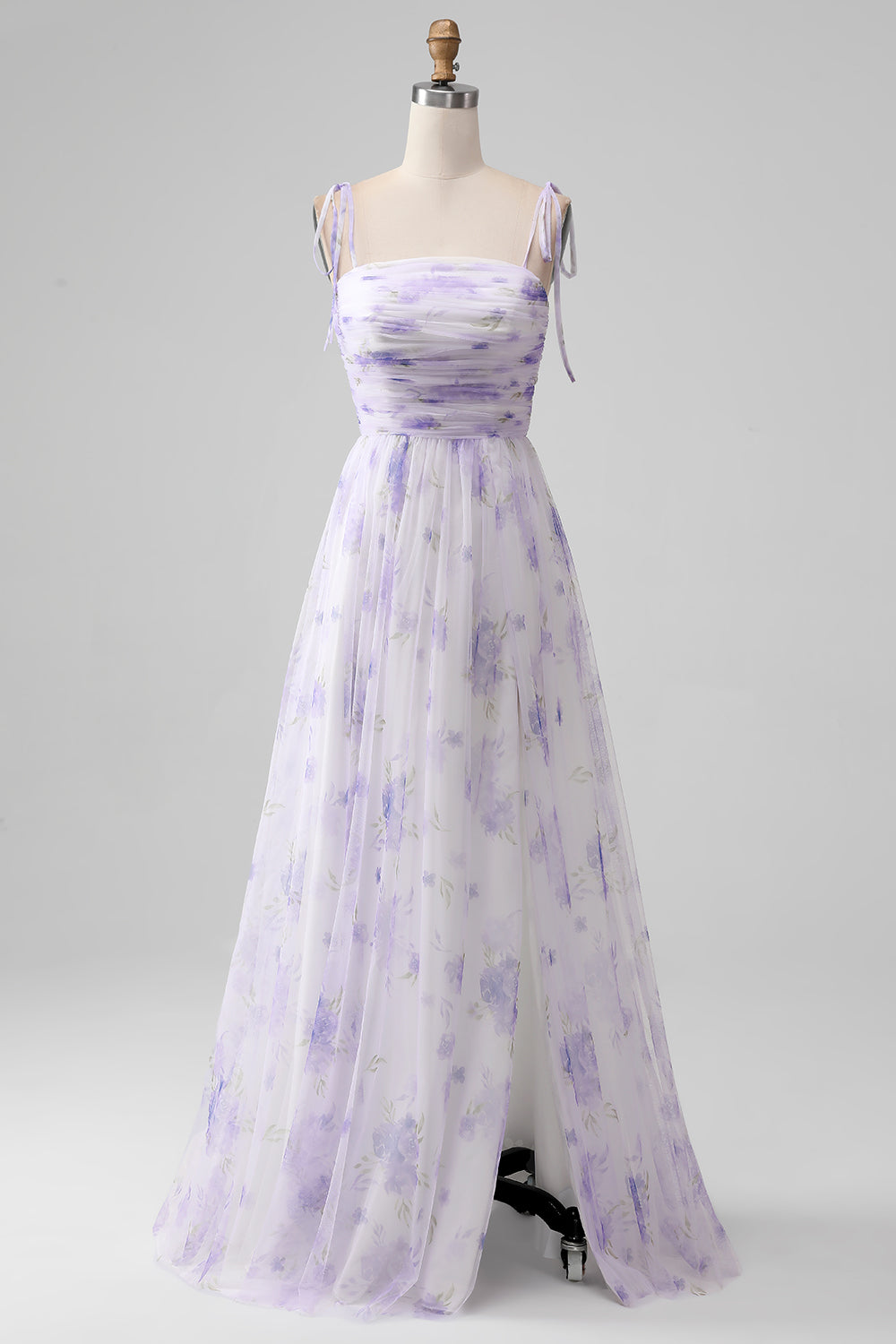 Lavender Flower A-Line Spaghetti Straps Print Long Bridesmaid Dress