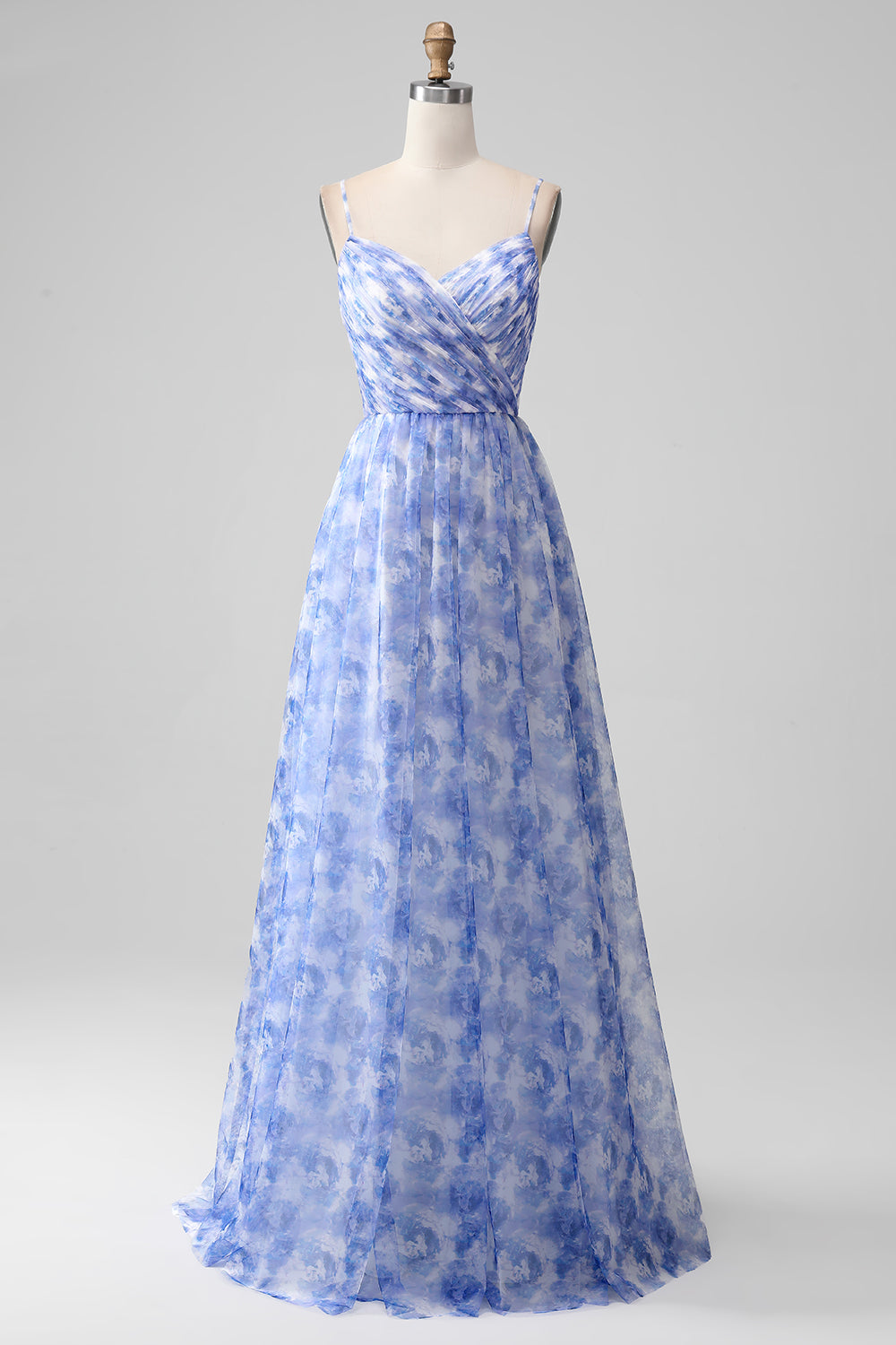 Blue A-Line Spaghetti Straps Floral Print Pleated Maxi Dress