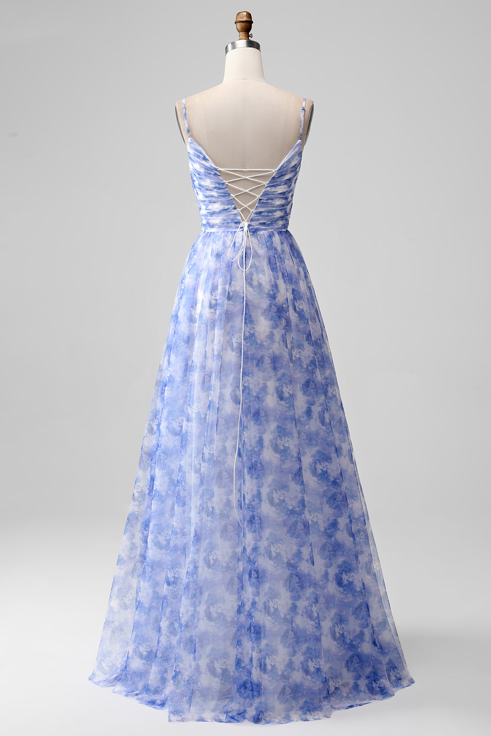 Blue A-Line Spaghetti Straps Floral Print Pleated Maxi Dress