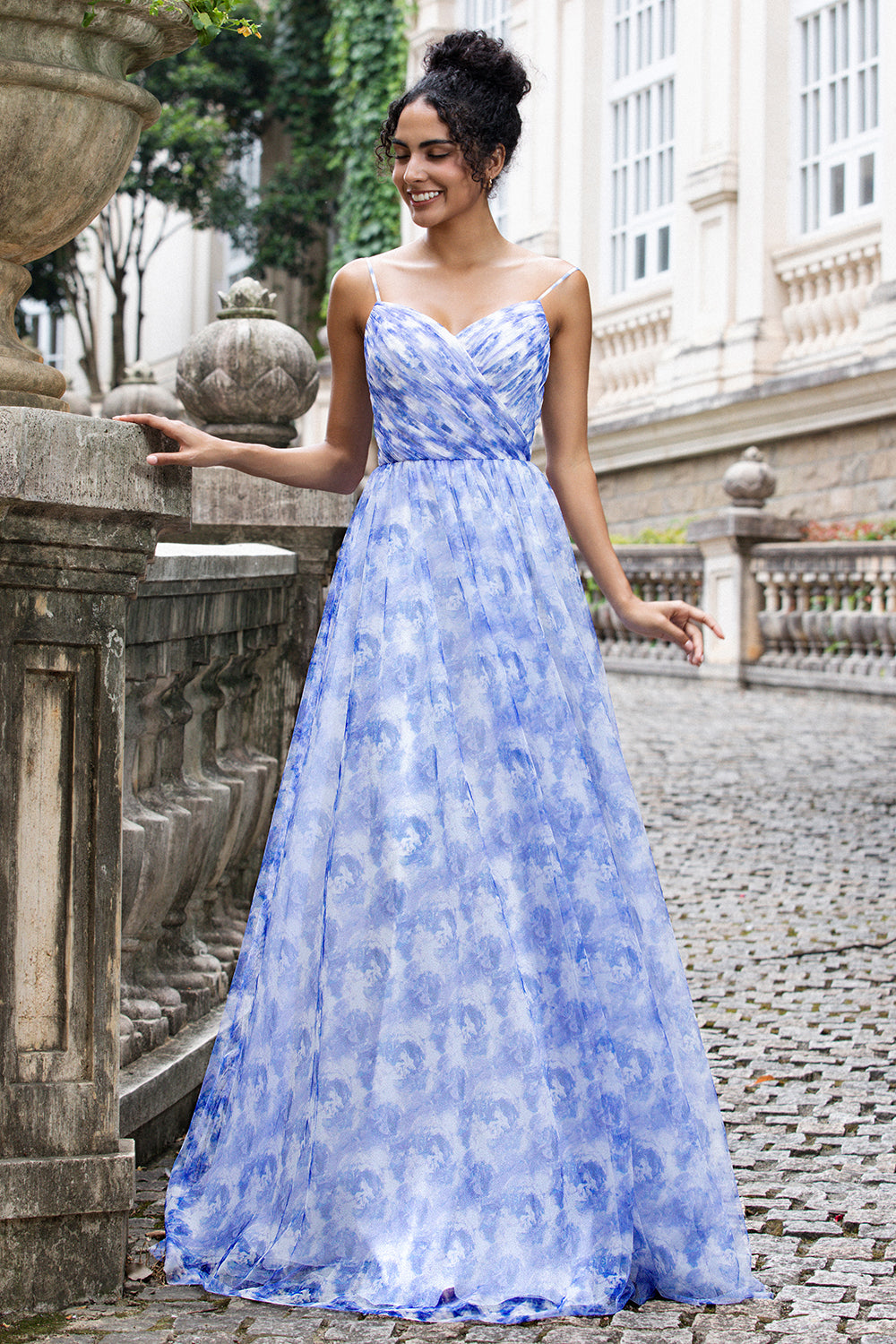 Blue A Line Spaghetti Straps Floral Print Pleated Maxi Dress with Lace Up Back