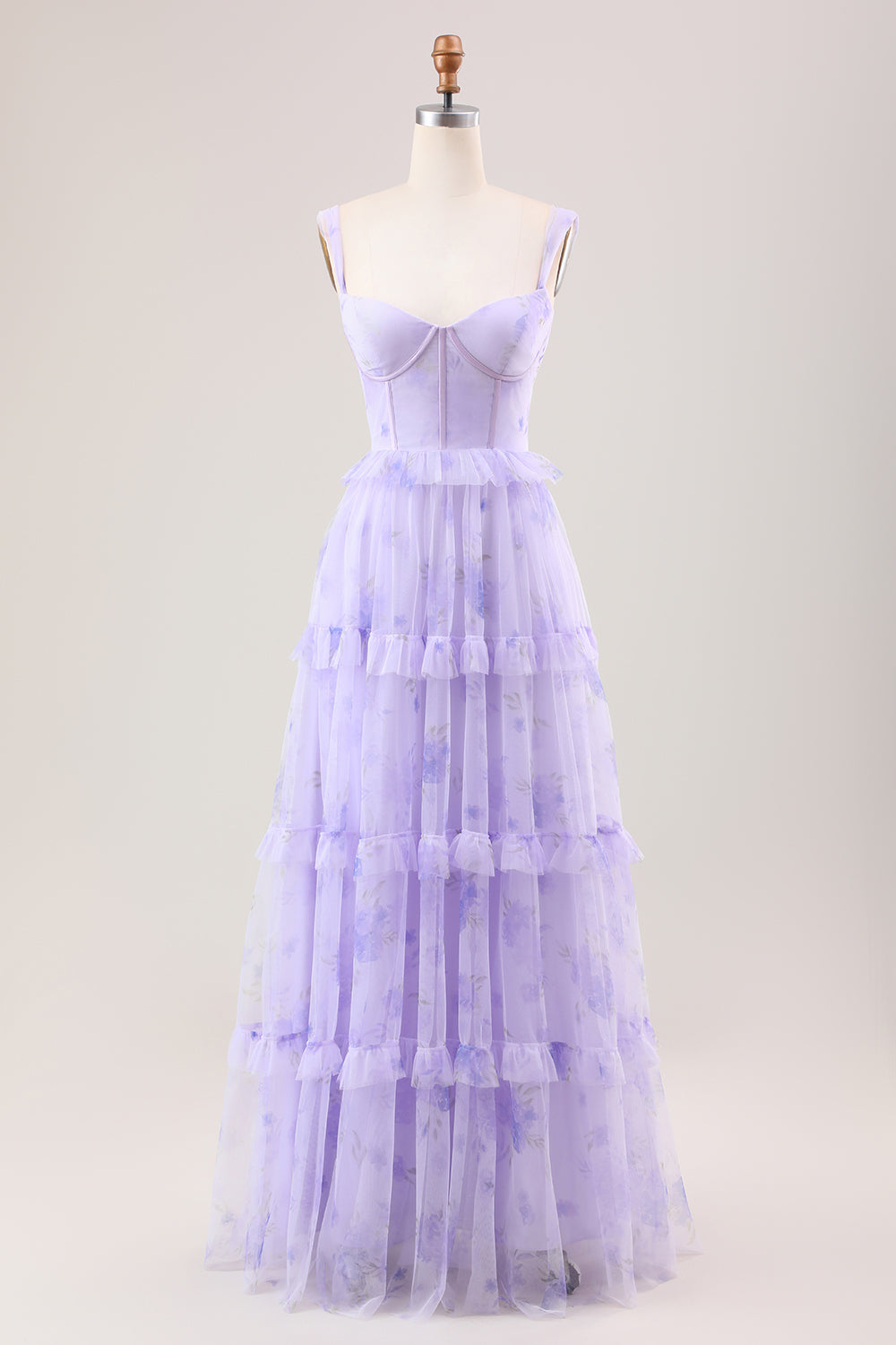 Lavender A Line Spaghetti Straps Print Tiered Corset Floor Length Dress