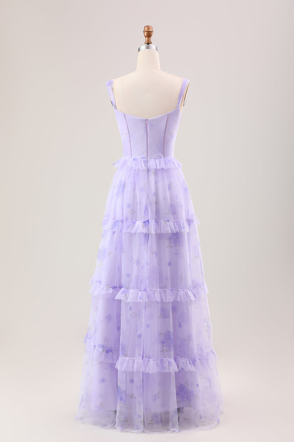 Lavender A Line Spaghetti Straps Print Tiered Corset Floor Length Dress