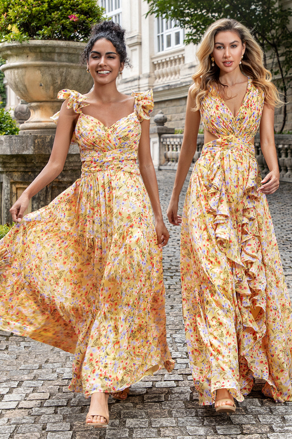 Yellow Small Flower A Line V Neck Cut Out Pleated Maxi Dress with Ruffles