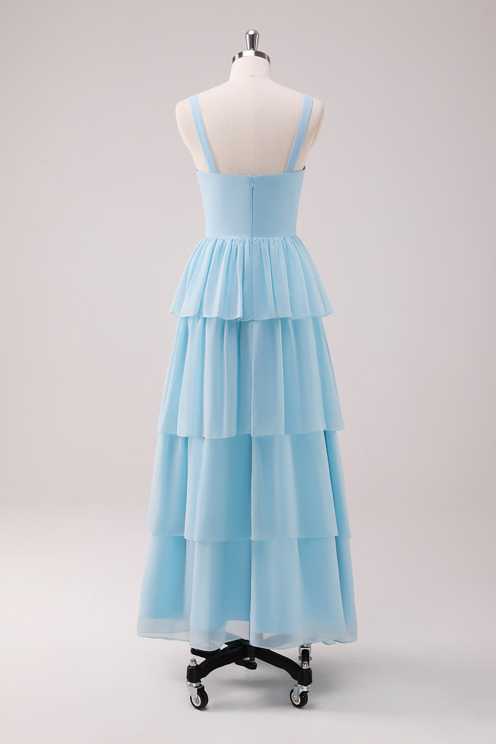 Sky Blue A Line Spaghetti Straps Ruched Tiered Long Bridesmaid Dress with Slit