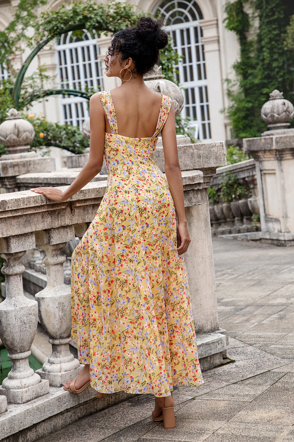 Yellow Flower A Line Square Neck Pleated Hollow Out Bridesmaid Dress With Slit