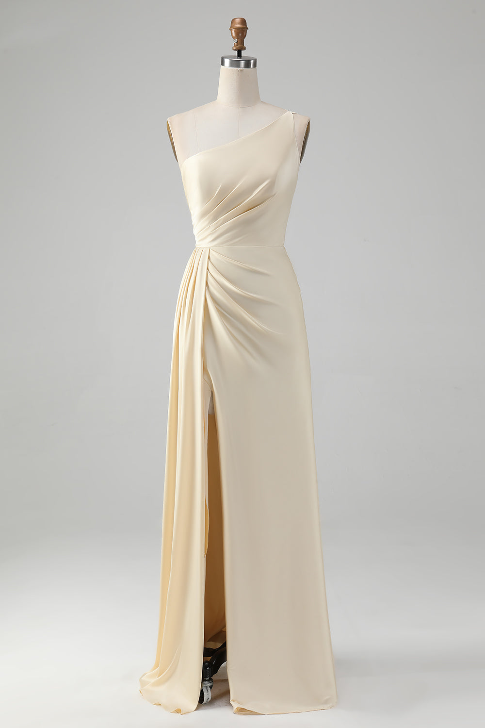 Champagne Sheath One Shoulder Pleated Long Bridesmaid Dress With Slit