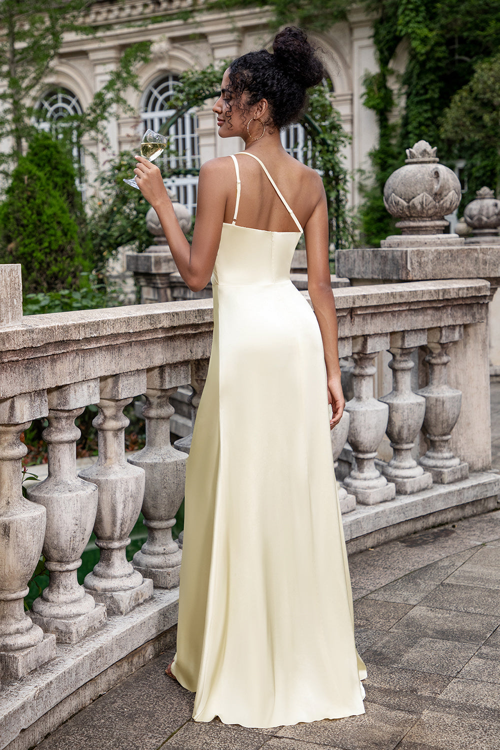 Sheath One Shoulder Pleated Champagne Bridesmaid Dress With Slit