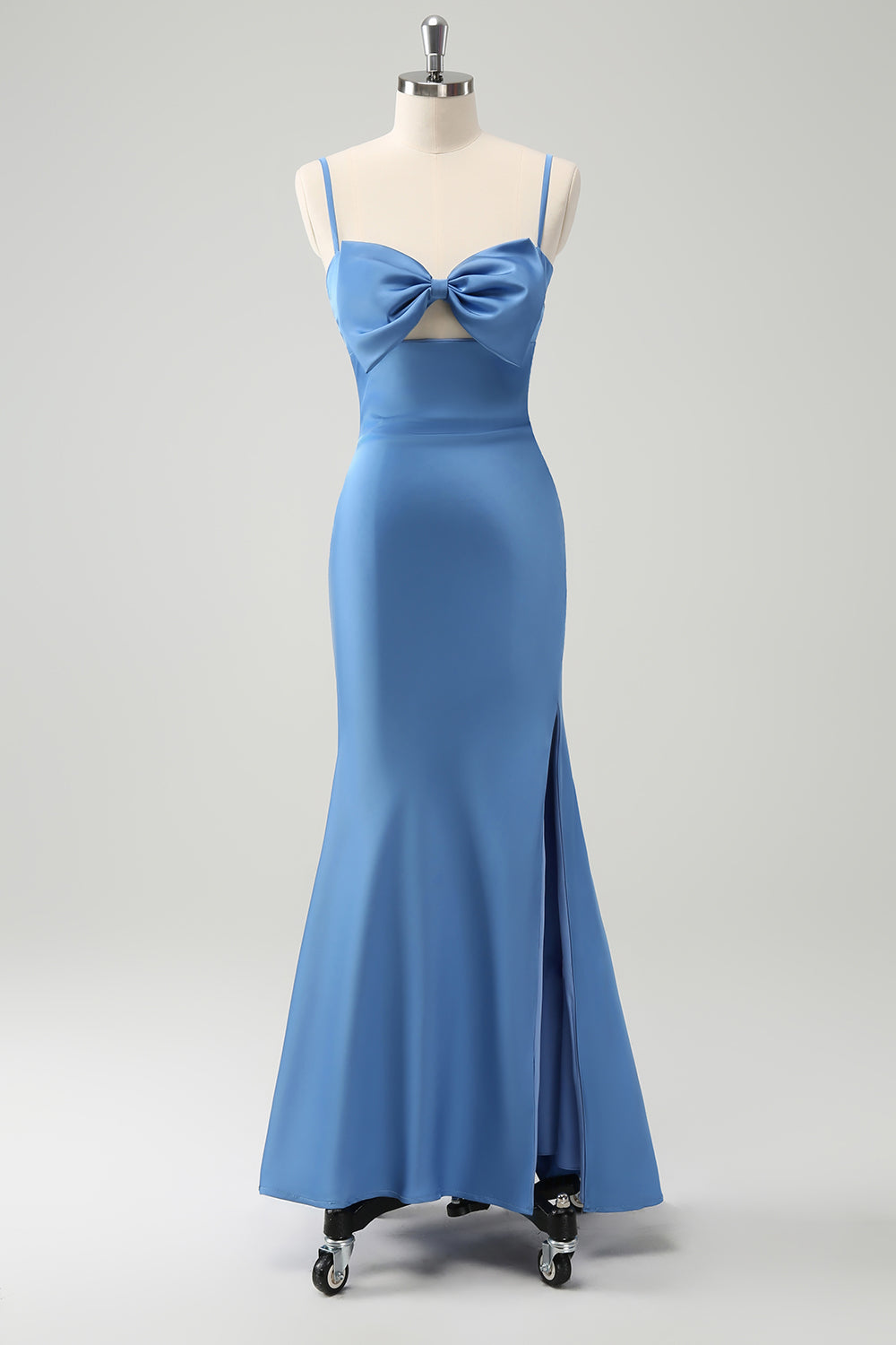 Blue Mermaid Spaghetti Straps Satin Bridesmaid Dress with Bow