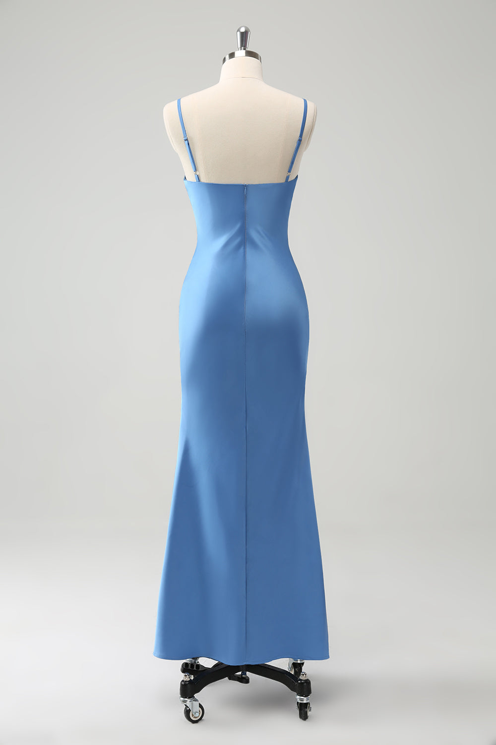 Blue Mermaid Spaghetti Straps Satin Bridesmaid Dress with Bow