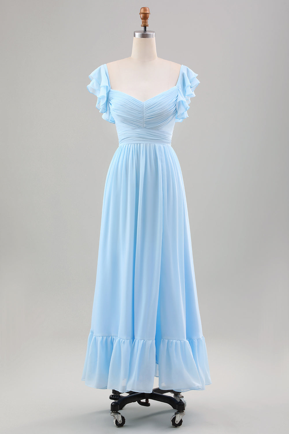 Sky Blue A Line Chiffon Pleated Tea-Length Dress with Ruffle Sleeves