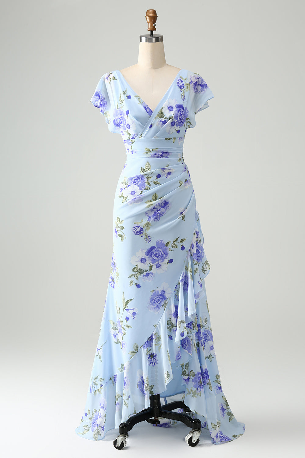 Blue Floral A Line V Neck Asymmetrical Maxi Dress with Ruffles