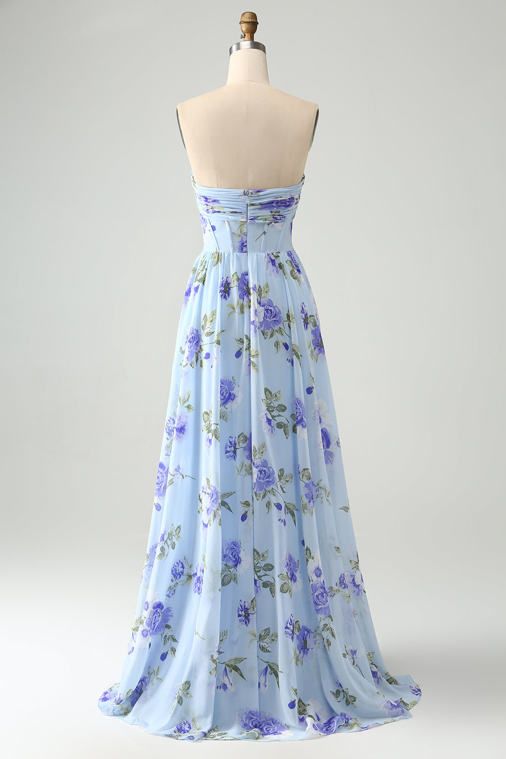 Blue Floral A Line Sweetheart Pleated Long Maxi Dress