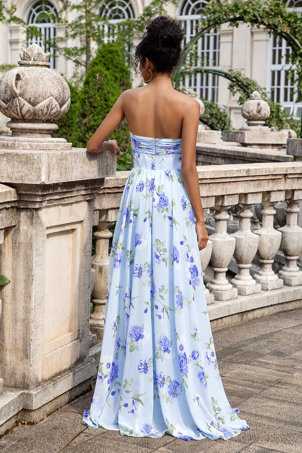 Blue Floral A Line Sweetheart Pleated Corset Long Wedding Party Guest Dress