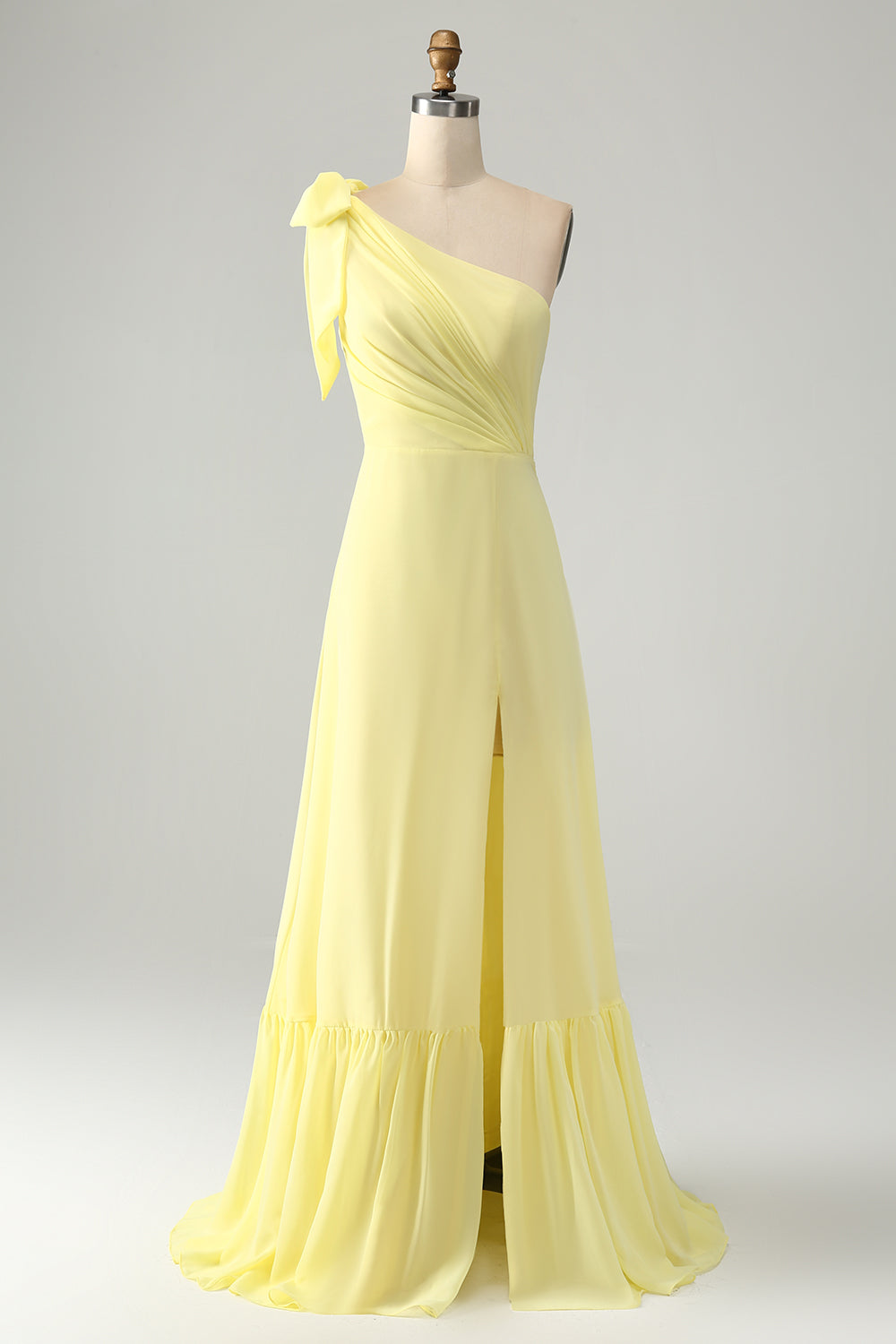 Yellow A Line One Shoulder Pleated Long Maxi Dress with Slit