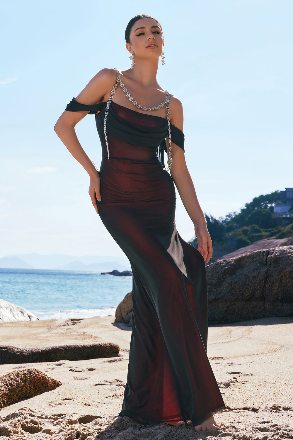 Sparkly Black Red Mermaid Cold Shoulder Beaded Floor Length Dress with Slit