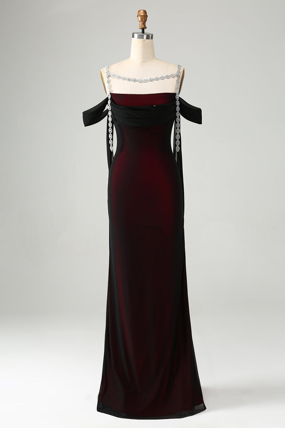 Black Red Sheath Cowl Neck Long Bridesmaid Dress with Rhinestones