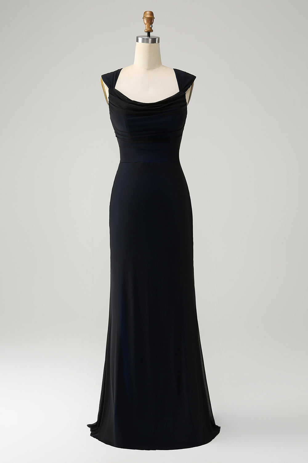 Black Blue Sheath Cowl Neck Long Bridesmaid Dress with Lace Up Back