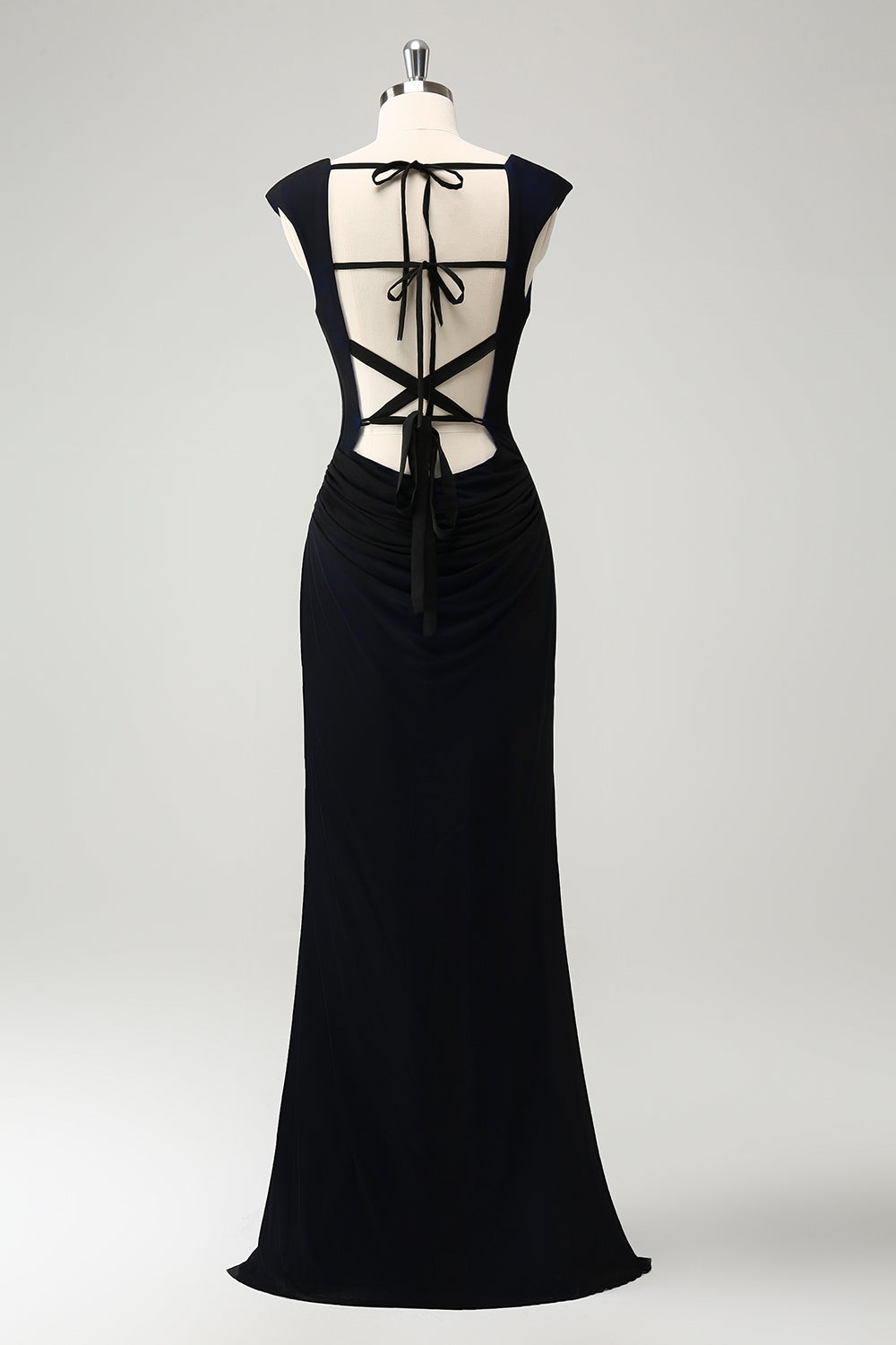 Black Blue Sheath Cowl Neck Long Bridesmaid Dress with Lace Up Back