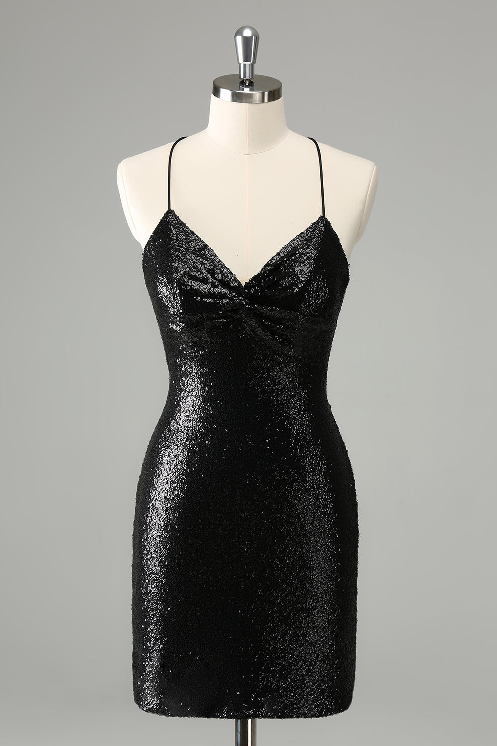 Black Bodycon Spaghetti Straps Sequins Short Homecoming Dress with Lace-up Back