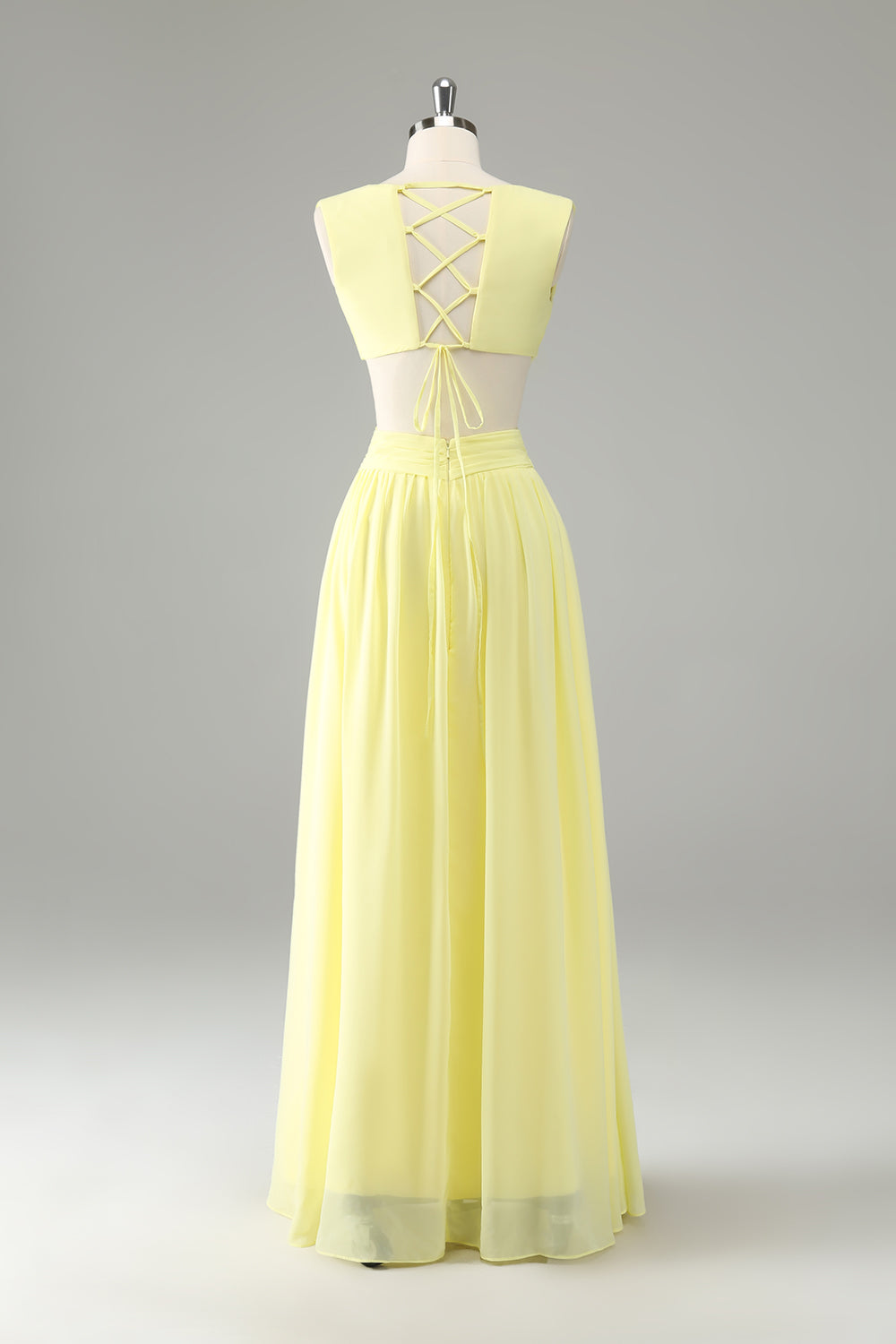 Lemon Yellow A Line V Neck Ruffle Pleated Bridesmaid Dress with Lace Up Back