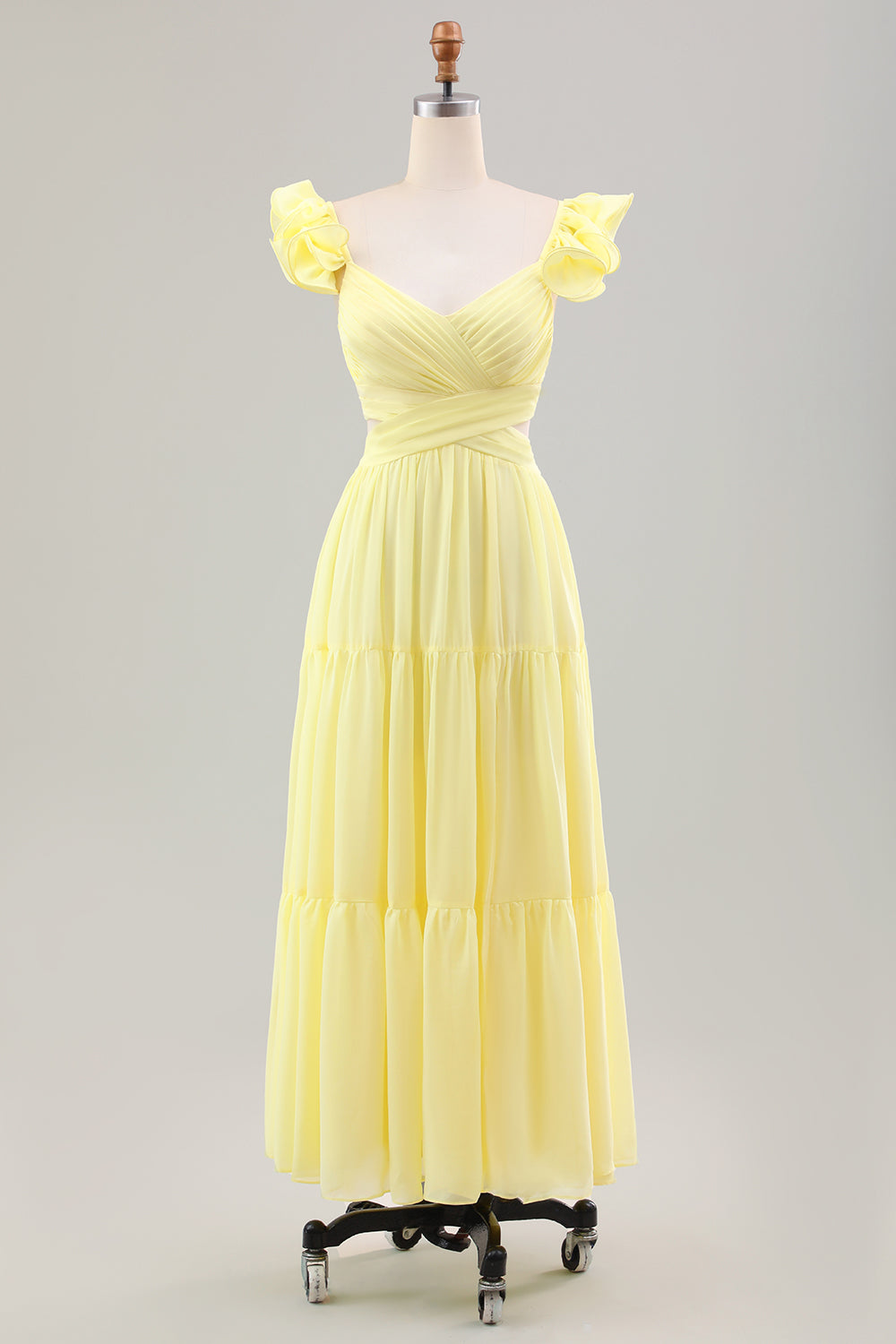 Simple Lemon Yellow A Line Pleated Chiffon Wedding Party Guest Dress with Ruffles