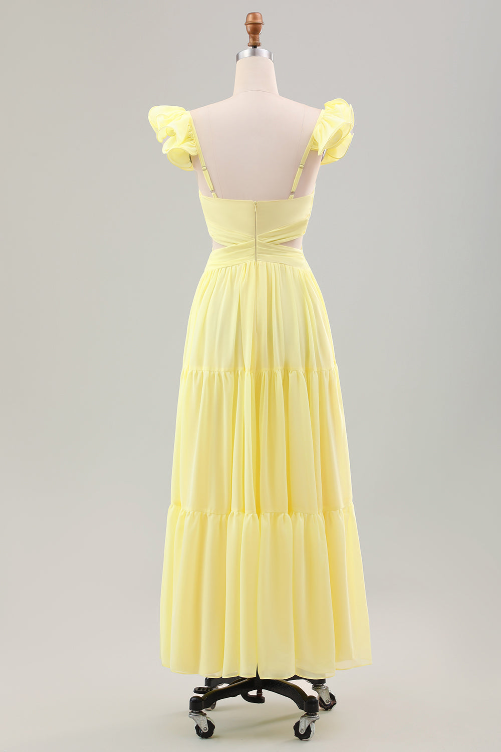 Simple Lemon Yellow A Line Pleated Chiffon Wedding Party Guest Dress with Ruffles