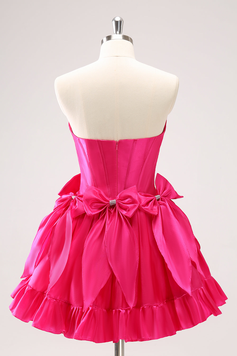 Cute Fuchsia A Line Strapless Corset Ruffle Beaded Homecoming Dress with Bows