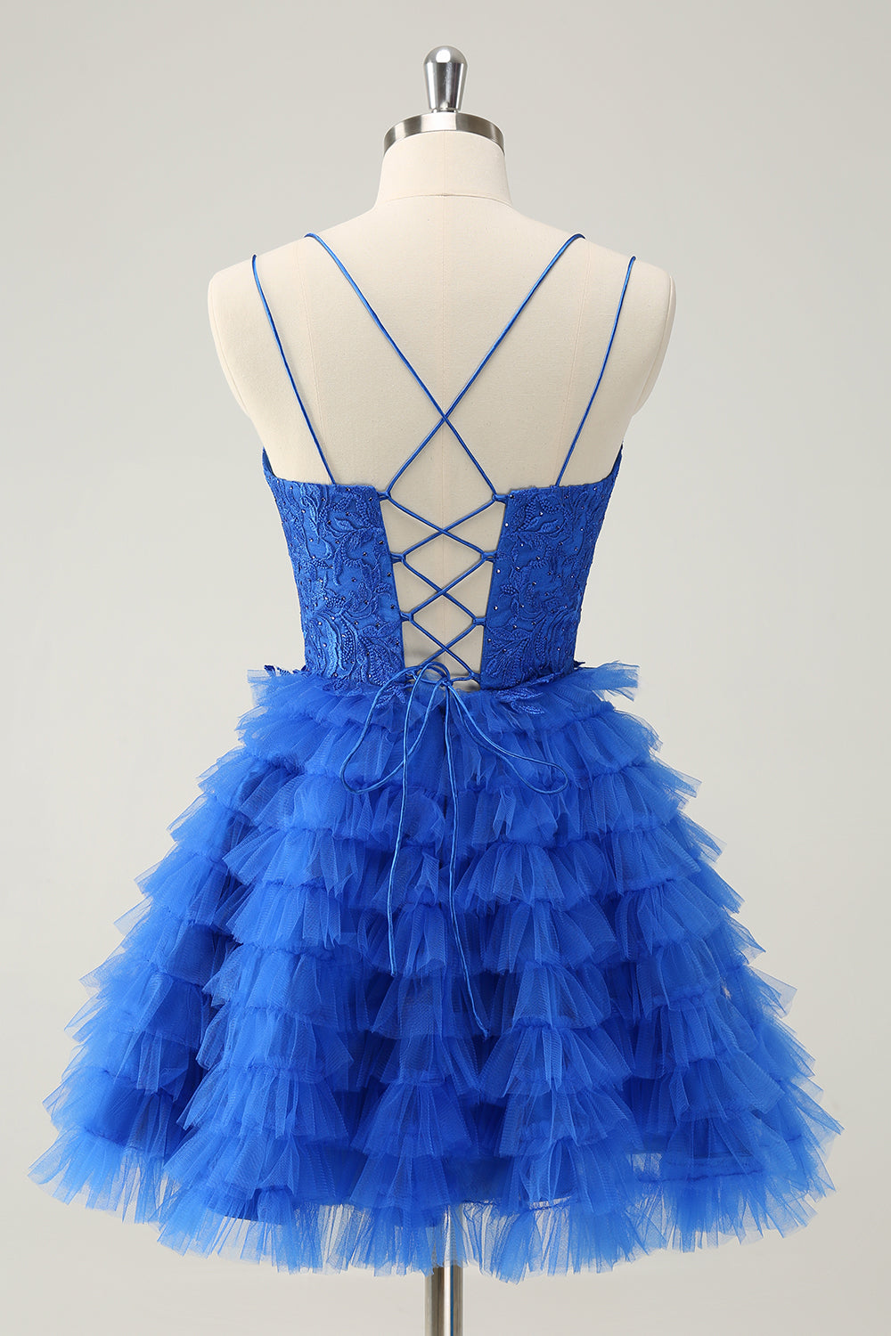 Cute Blue A Line Spaghetti Straps Tiered Short Homecoming Dress with Beading