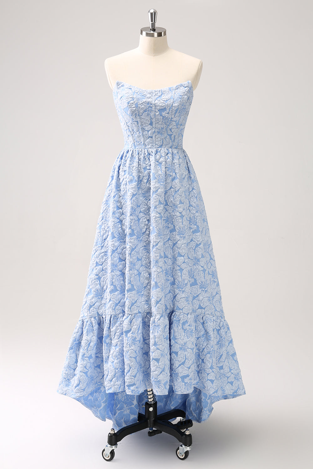 Blue A-Line Brocade Strapless Floral High Low Bridesmaid Dress with Ruffle