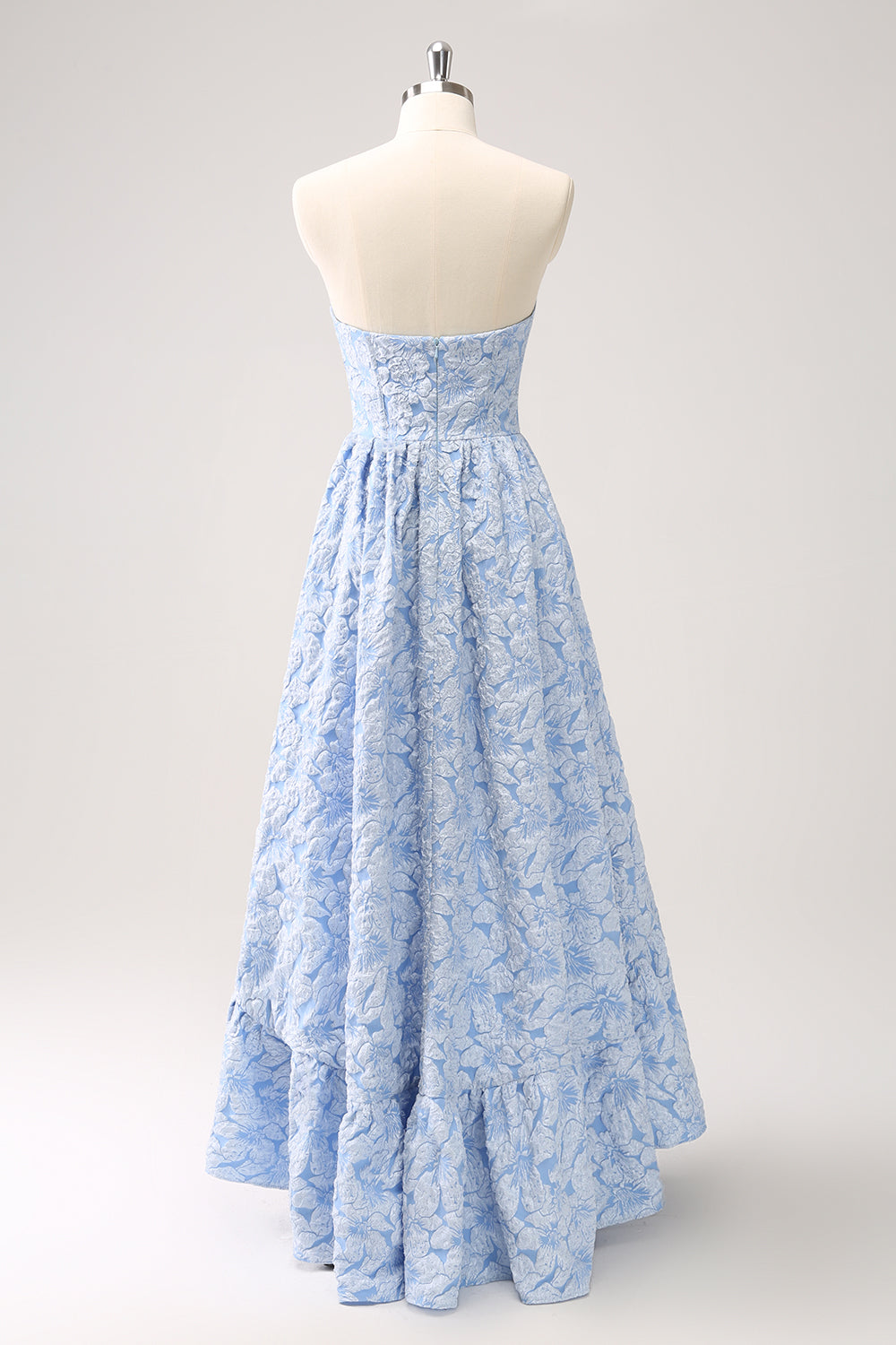 Blue A-Line Brocade Strapless Floral High Low Bridesmaid Dress with Ruffle