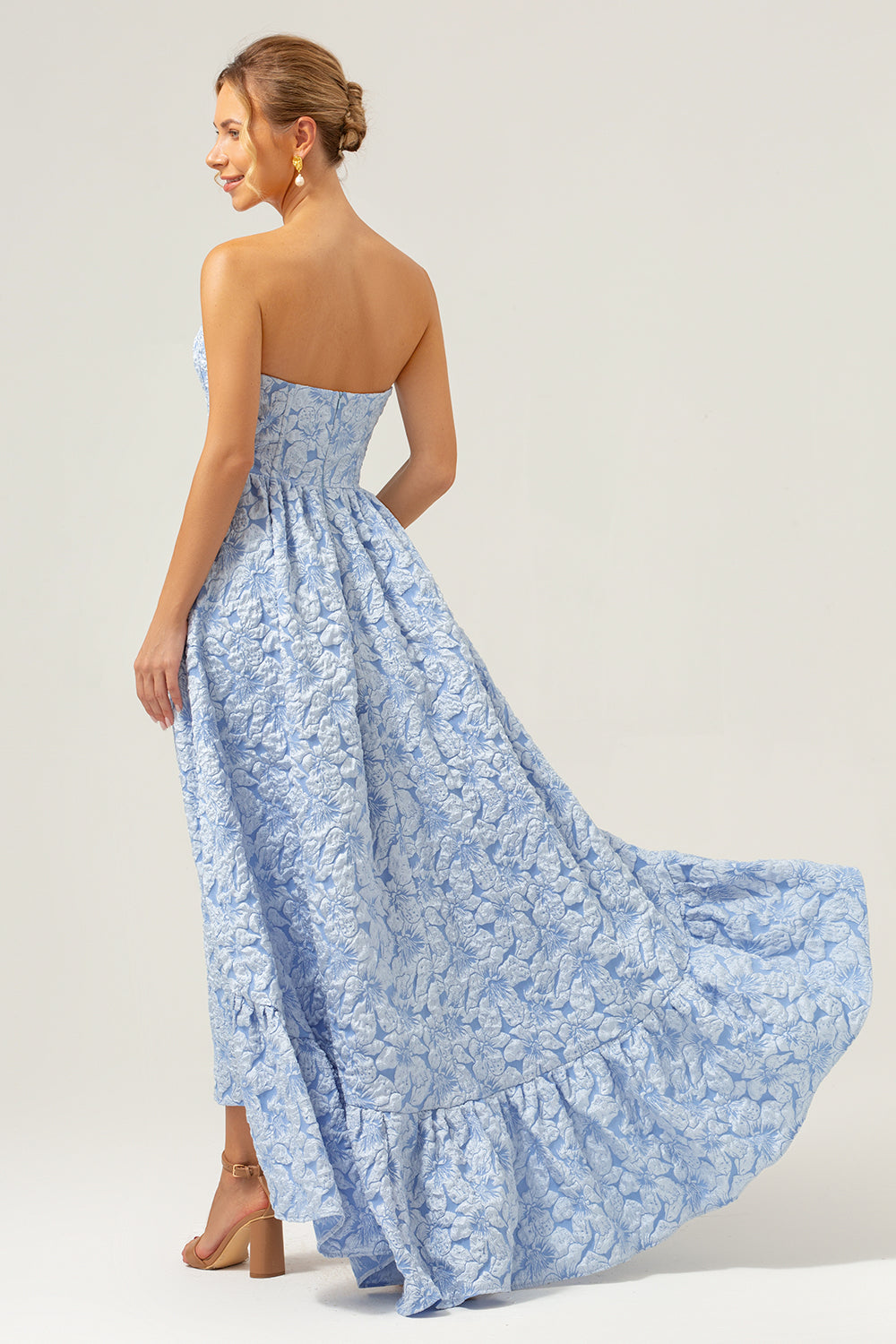 Blue A-Line Strapless Brocade Floral High Low Bridesmaid Dress