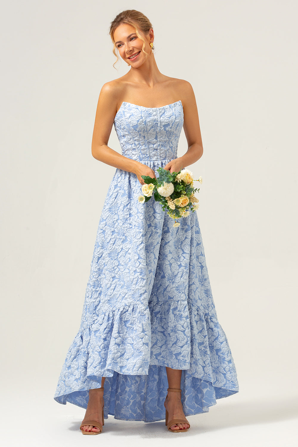 Blue A-Line Strapless Brocade Floral High Low Bridesmaid Dress